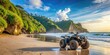 © Man888 - Rugged quad ATV parked on a serene sandy beach, surrounded by calm tropical waters and lush greenery, awaiting its next adventure in Yogyakarta, Indonesia.