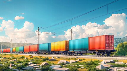 Cargo freight train with colorful containers on the railway, goods and products transportation. Railroad shipping and delivery, commercial warehouse export, global logistics distribution service