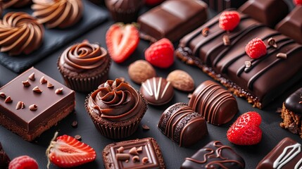 Chocolate pastry cakes and cookies in bakery. Sweet delicious dark cocoa cream food, tasty brown or black snack, yummy candy treat with strawberry fruit and berries