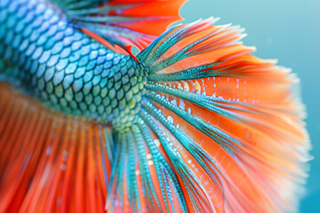 Poster - Beautiful betta fish, close-up of the tail and fins. The colors blue with red details. The background is an abstract pattern in shades of turquoise and orange.