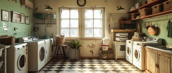 A vintage laundry room with checkered floor, green curtains, classic washers, and warm decor. Nostalgic ambiance evokes a simpler era.