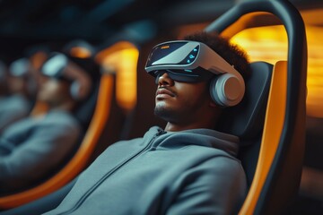 Sticker - Man immersed in virtual reality simulation experiencing advanced 3D gaming technology