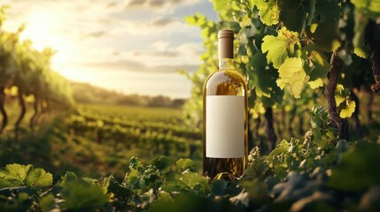 Wall Mural - Sunlit Vineyard with Wine Bottle and Blank Label in Lush Greenery at Sunset