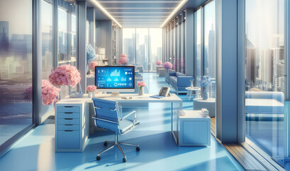 Wall Mural - A modern and elegant office space with soothing pastel tones.