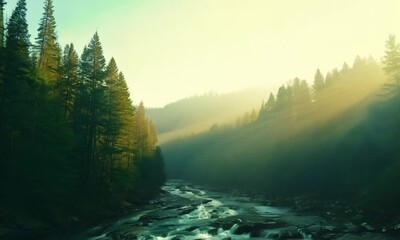 Poster - Clear winding river flowing through dense misty forest with sunlight filtering through trees casting shimmering reflections