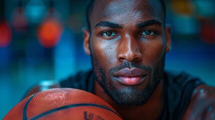 Wall Mural - A focused basketball player poses with a ball during training in a gym