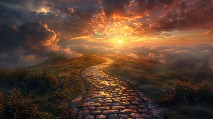 Wall Mural - Sunset over a winding cobblestone path through clouds in a serene landscape