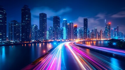 A vibrant cityscape at night with illuminated skyscrapers and light trails on the water.