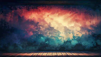 Wall Mural - an empty stage with a vibrant, abstract splash of red and blue colors in the background, creating a dramatic and artistic setting