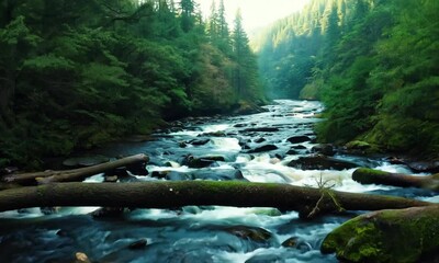 Poster - Meandering river cutting through dense forest with moss-covered rocks and fallen trees along riverbank