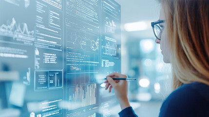 Wall Mural - Woman working and writing on the glass board in office. Business, technology, research concept 