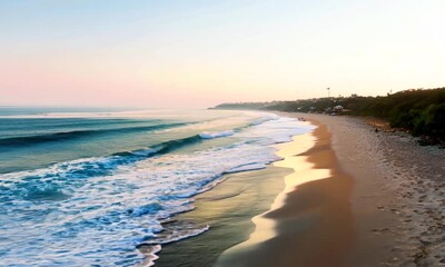 Poster - Peaceful beach at sunrise with waves gently lapping against shore and sky transitioning from pink to blue