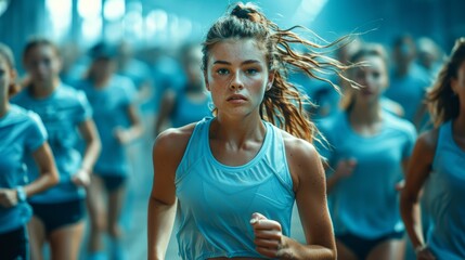 Wall Mural - Young woman running in a group during a daytime training session in an indoor track facility