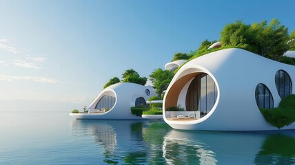 Interactive simulation of a floating city s architecture, futuristic urban planning, 3D illustration