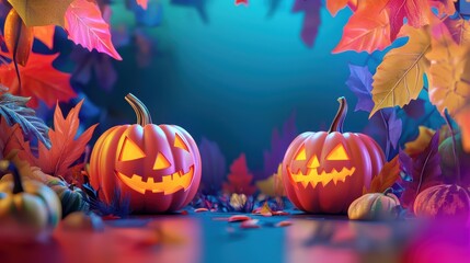 Two glowing jack o lanterns surrounded by colorful autumn leaves, evoking festive Halloween spirit. 