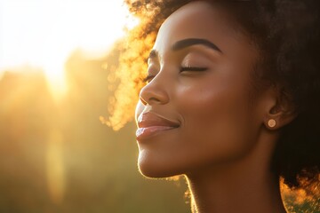 Poster - Serene woman with her eyes closed basking in the golden light of sunset symbolizing peace tranquility and a deep connection with nature captured in a moment of introspective calm