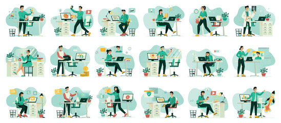 Wall Mural - bundle of green concepts with people scene in flat cartoon design. a massive collection of incredibl