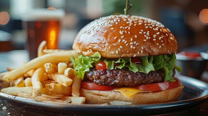 Wall Mural - Closeup of hamburger and fries on the plate on table. Restaurant beef cheeseburger food meal, delicious unhealthy American fast or junk food