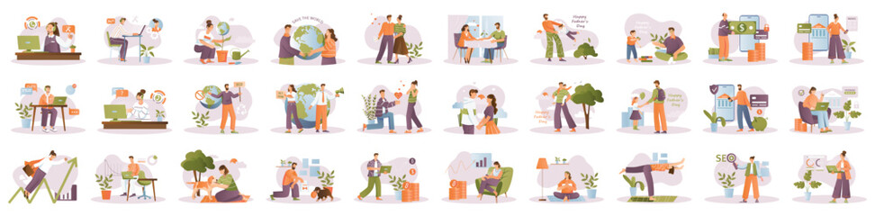 Wall Mural - mega set of simple concepts with people scene in flat cartoon design. illustrations cover life situa