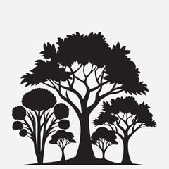 Forest silhouette. Evergreen coniferous and deciduous forest silhouette, vector illustration with natural park view, black, bushes grass, moss. 2