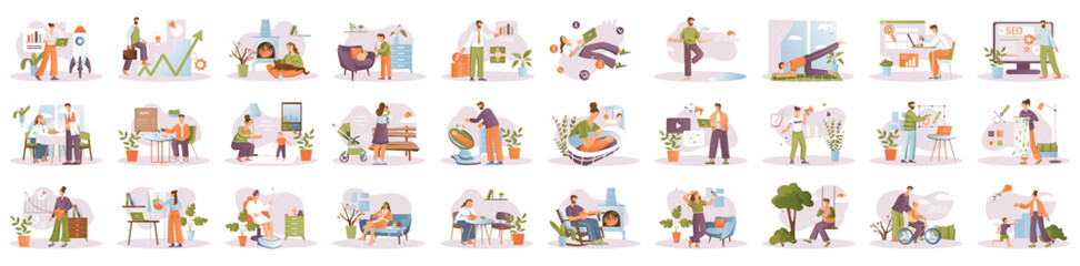 Wall Mural - Bundle of color concepts with people scene in flat cartoon design. Career, meditation, pets, self care and many other topics are depicted in this collection. Vector illustration.