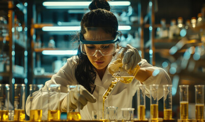 Wall Mural - A female scientist in protective glasses is carefully pouring liquid from one test tube to anothe