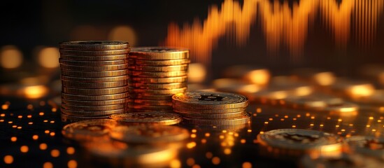 Stacks of Shiny Gold Bitcoin Coins with Digital Financial Graph in Background Representing Cryptocurrency Market Trends