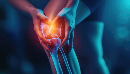 Wall Mural - A close-up of the knee joint with pain and redness, highlighted in blue on an abstract background