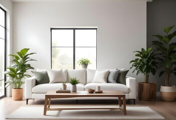 A modern, minimalist living room with a large, comfortable white sofa, accent pillows, and a wooden coffee table. The room is clean.