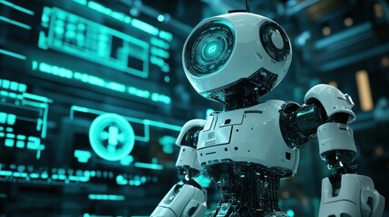 Futuristic White Robot with Blue Digital Interface
