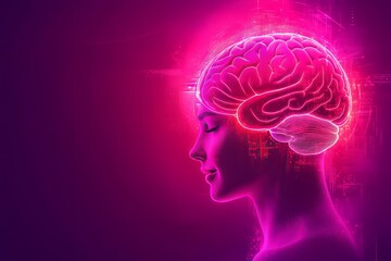 a vibrant neon lit profile of a woman with a glowing brain symbolizing the fusion of human intellige