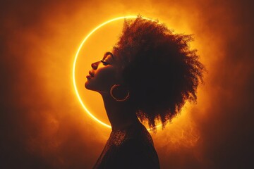 Sticker - A striking silhouette of a woman with a radiant halo against a fiery orange background symbolizing empowerment strength and the transformative power of the human spirit