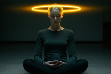 Sticker - A serene figure in a meditative pose with a glowing halo symbolizing inner peace spiritual awakening and the balance between mind and body set against a calm minimalistic background