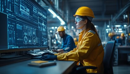 Poster - Futuristic heavy industry factory Engineers and professional workers, digitalized environment with digital twin graphics, Midjourney