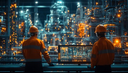 Leinwandbilder - Hightech manufacturing Engineers and professional workers in a futuristic digital twin of a heavy industry factory, Midjourney