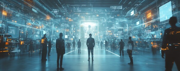 Poster - Digital twin manufacturing Team of engineers and professional workers in a futuristic digitalized factory, hightech industry, Midjourney