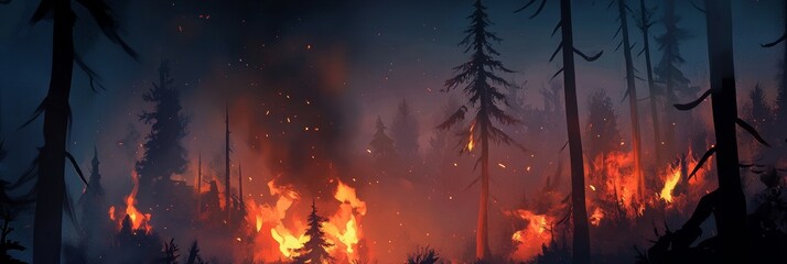 Forest wildfire during dry summer at night horizontal banner image