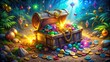 © Man888 - A colorful, shimmering treasure chest overflows with glittering jewels, sparkling coins, and mysterious items, surrounded by ancient artifacts and mythical creatures.