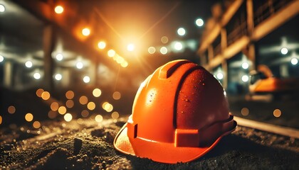 An orange hard hat rests on the ground in a vast, sunlit warehouse, with industrial equipment visible in the background under a golden glow.