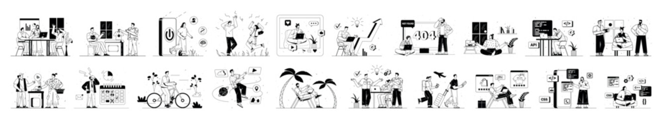 Wall Mural - bundle of linear concepts with people scene in flat cartoon design. situations in various themes are