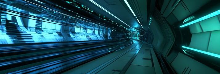Panorama of a futuristic train moving left to right against a binary backdrop, captured from a low angle in motion