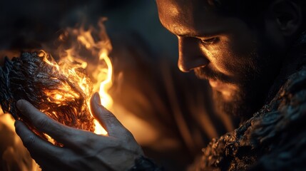 A close-up of a person's hands holding a jagged, fiery rock, emitting intense heat and light, symbolizing raw power and transformation in a dark setting.