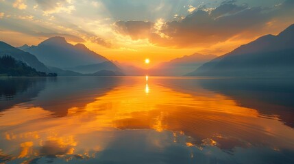 Wall Mural - Scenic sunset over tranquil lake with mountains reflecting in calm waters