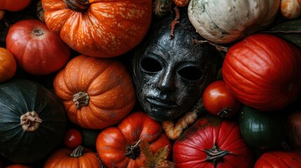 A black Halloween mask is nestled among various pumpkins, evoking a haunting and festive Halloween atmosphere with a touch of mystery and spookiness.