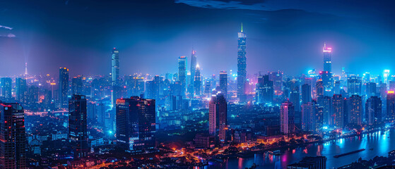 A stunning city skyline illuminated by vibrant blue and purple lights, showcasing modern skyscrapers and river reflecting colorful glow. scene evokes sense of wonder and excitement.