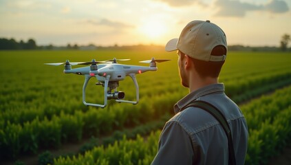 Farmer Monitoring Crops with Drone