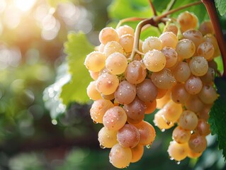 A bunch of dewy grapes glistening in the sunlight, hanging on a vine surrounded by fresh green leaves.