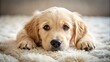 © Man888 - Adorable golden retriever puppy lying on a soft, plush carpet, paws curled up, and big brown eyes gazing upwards with an innocent expression.