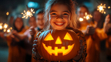 Wall Mural - Little girl with pumpkin jack o lantern and sparklers on blurred background