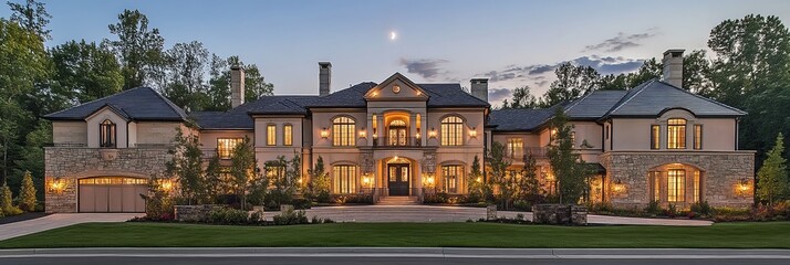 The full moon rising above a house at dusk, illuminated by the captivating colors of the evening